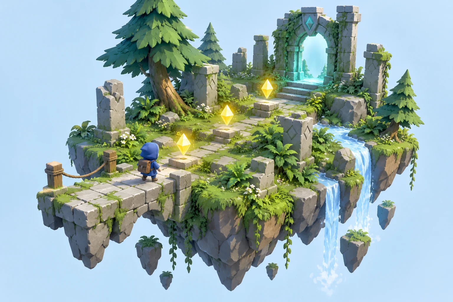 AI concept art: forest ruin with three crystals and an exit