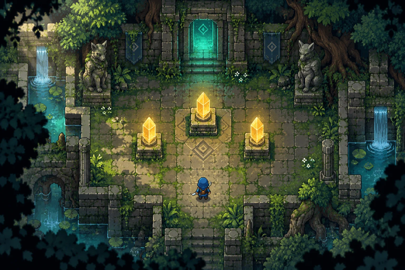 KI-Illustration: Pixel-Art-Spielkonzept mit blauer Figur und goldenen Kristallen
