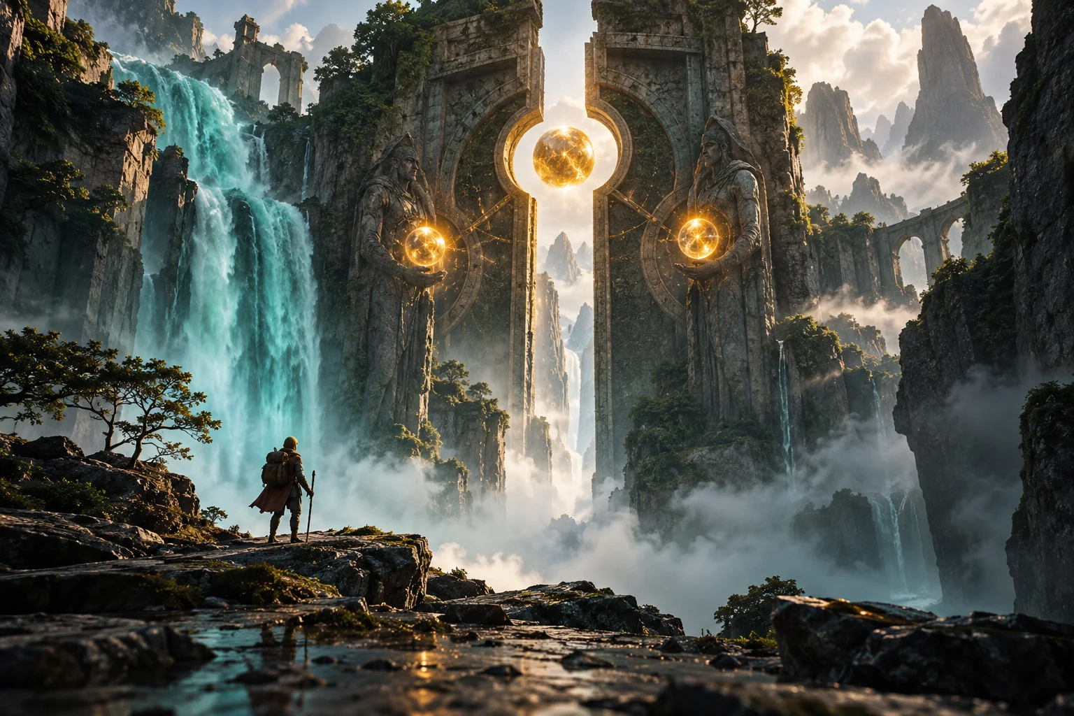 AI illustration: Game concept with explorer and stone gate in a ravine