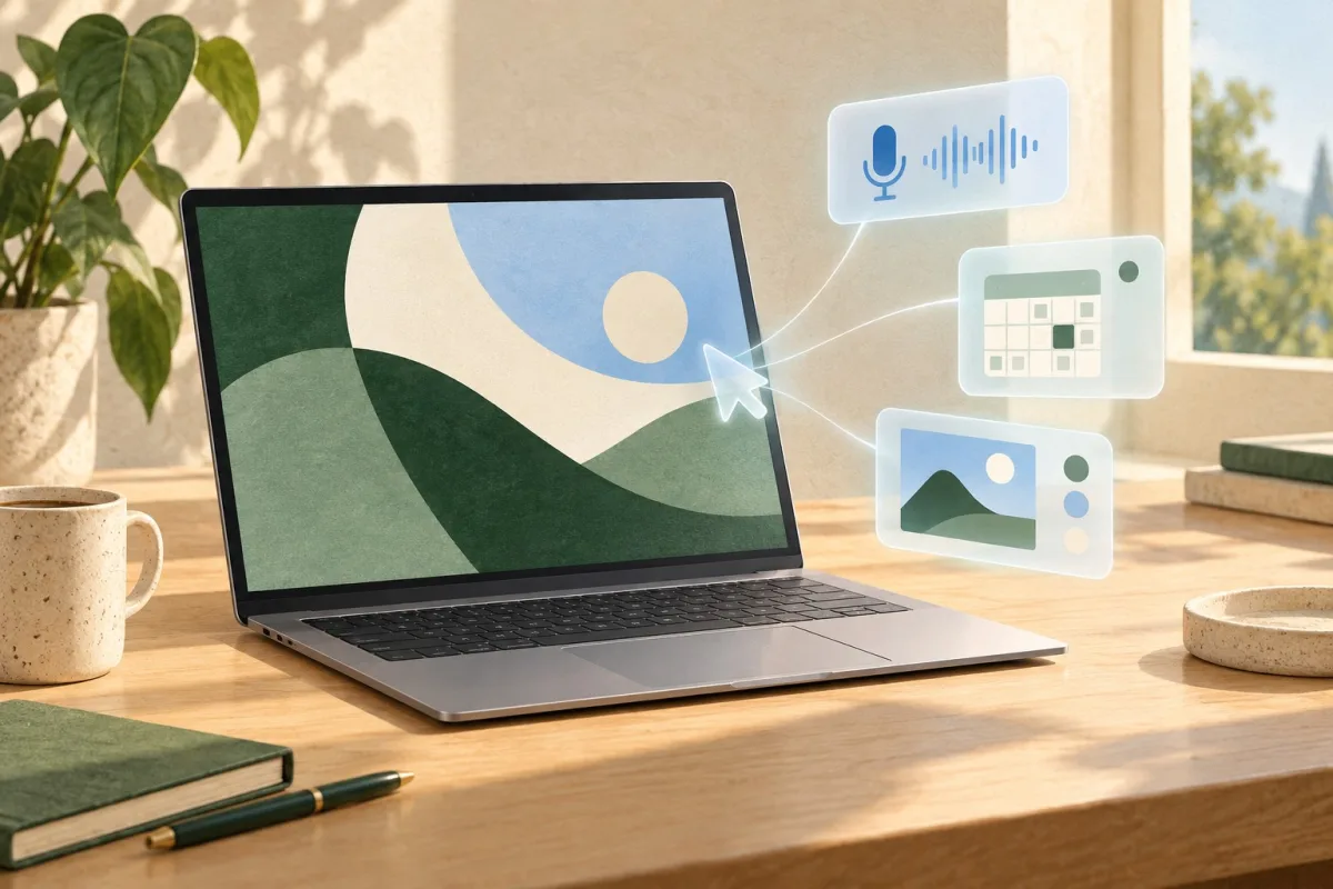 KI-Illustration eines unmarkierten Laptops mit symbolischen Notiz-, Kalender- und Widget-Flächen; kein tatsächliches Googlebook oder Software-Screenshot.