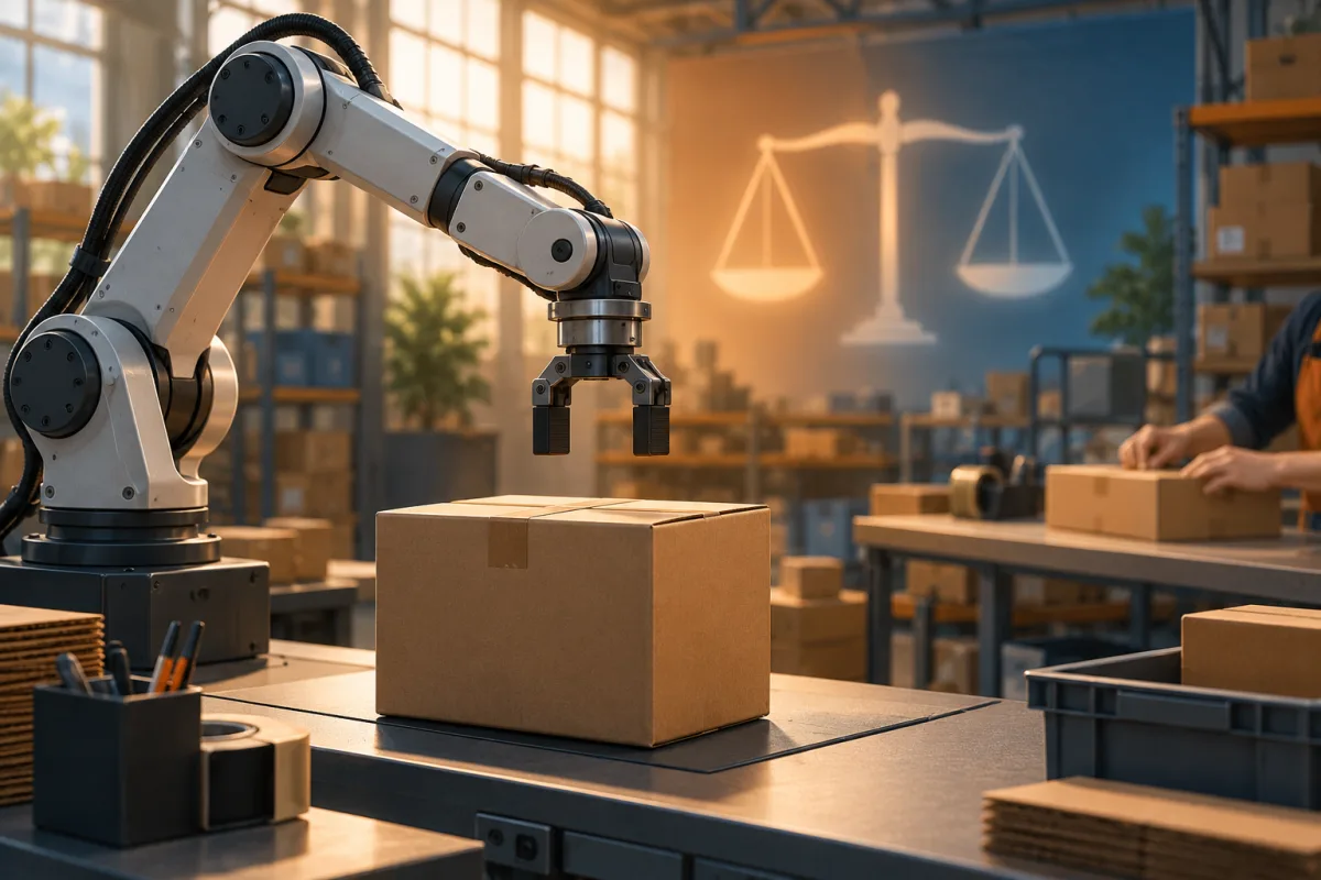 KI-Illustration: ein symbolischer Roboterarm und menschliche Hände an Werkbänken, mit einer angedeuteten Waage für Wirtschaftlichkeit; kein echtes Ereignisfoto.