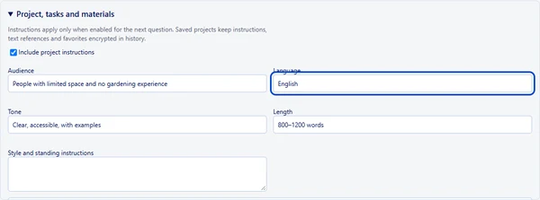 Project settings with audience and blog preset.