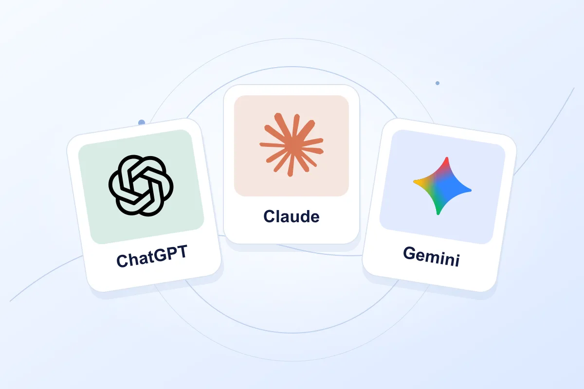 Collage of the ChatGPT, Claude and Gemini logos on a pale blue background.
